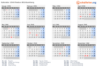 Kalender 1946 mit Ferien und Feiertagen Baden-Württemberg