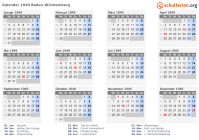 Kalender 1949 mit Ferien und Feiertagen Baden-Württemberg