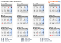 Kalender 1950 mit Ferien und Feiertagen Baden-Württemberg