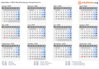 Kalender 1950 mit Ferien und Feiertagen Mecklenburg-Vorpommern