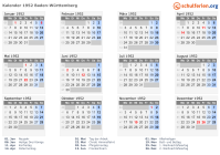 Kalender 1952 mit Ferien und Feiertagen Baden-Württemberg