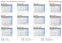 Kalender 1954 mit Ferien und Feiertagen Mecklenburg-Vorpommern