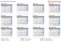 Kalender 1954 mit Ferien und Feiertagen Thüringen