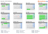 Kalender 1954 mit Ferien und Feiertagen Salzburg