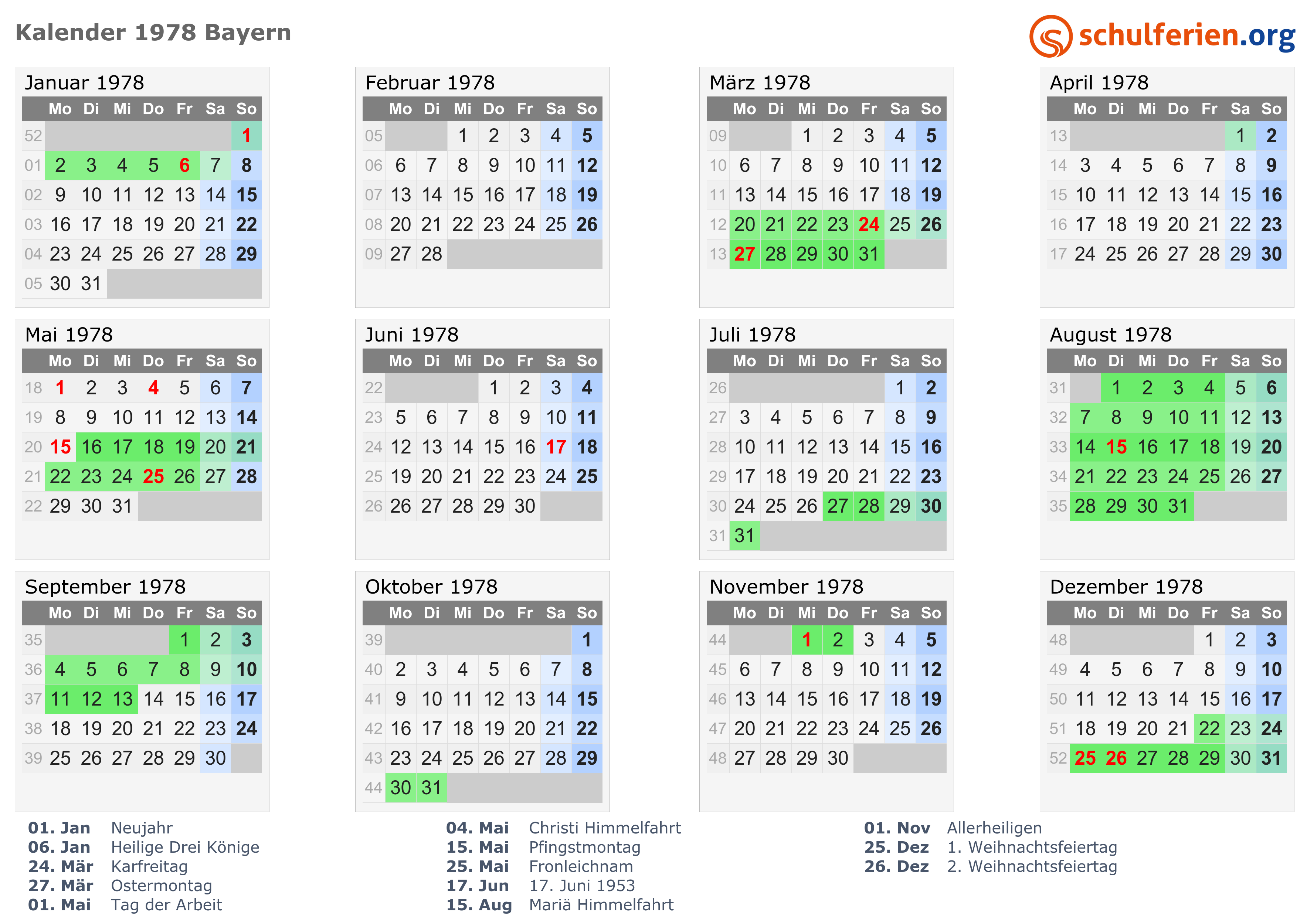  Kalender 1978 Ferien Bayern Feiertage