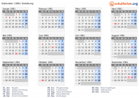 Kalender 1981 mit Ferien und Feiertagen Salzburg