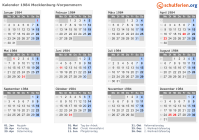 Kalender 1984 mit Ferien und Feiertagen Mecklenburg-Vorpommern