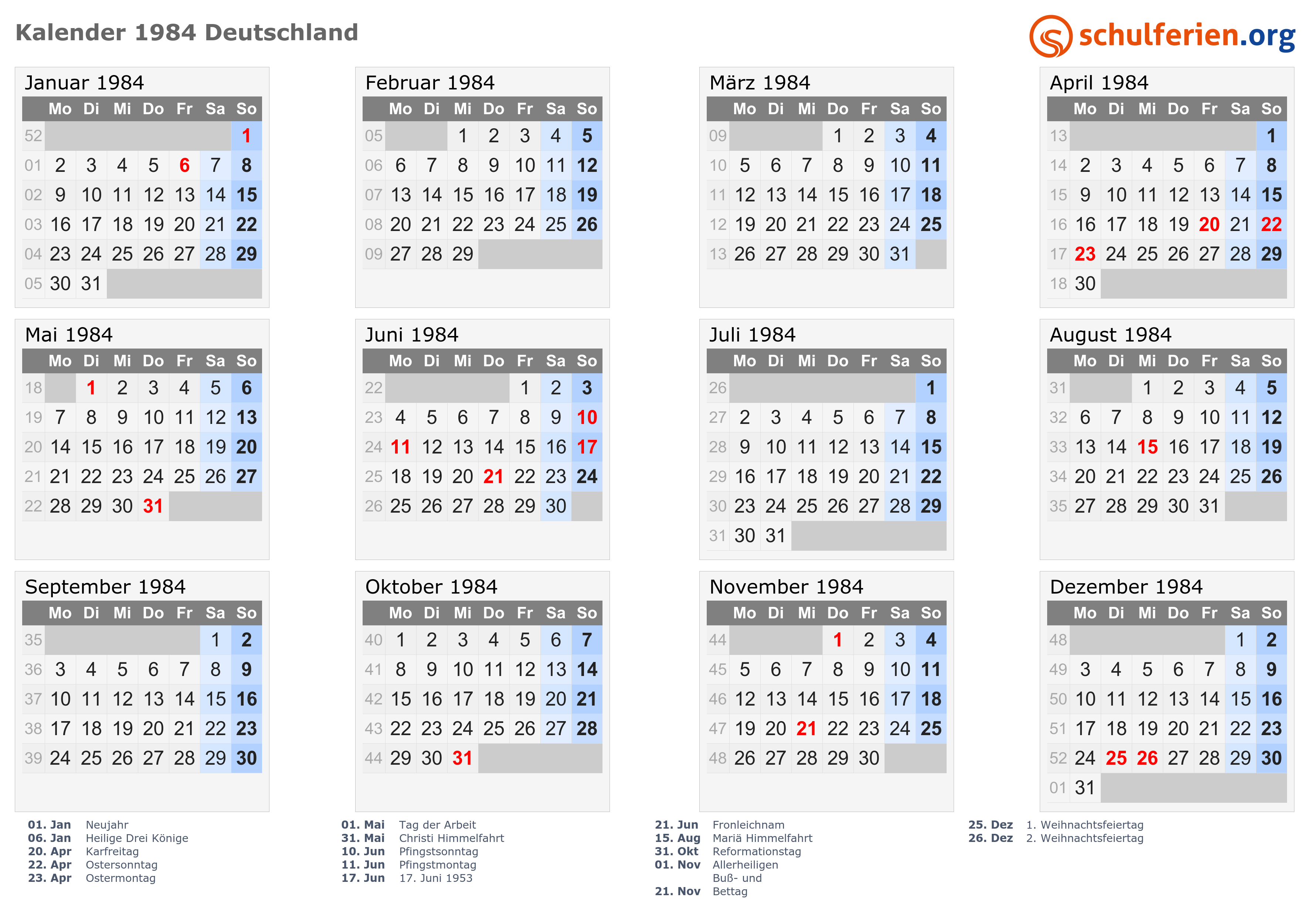 Kalender Deutschland 1984