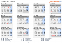 Kalender 1984 mit Ferien und Feiertagen Salzburg