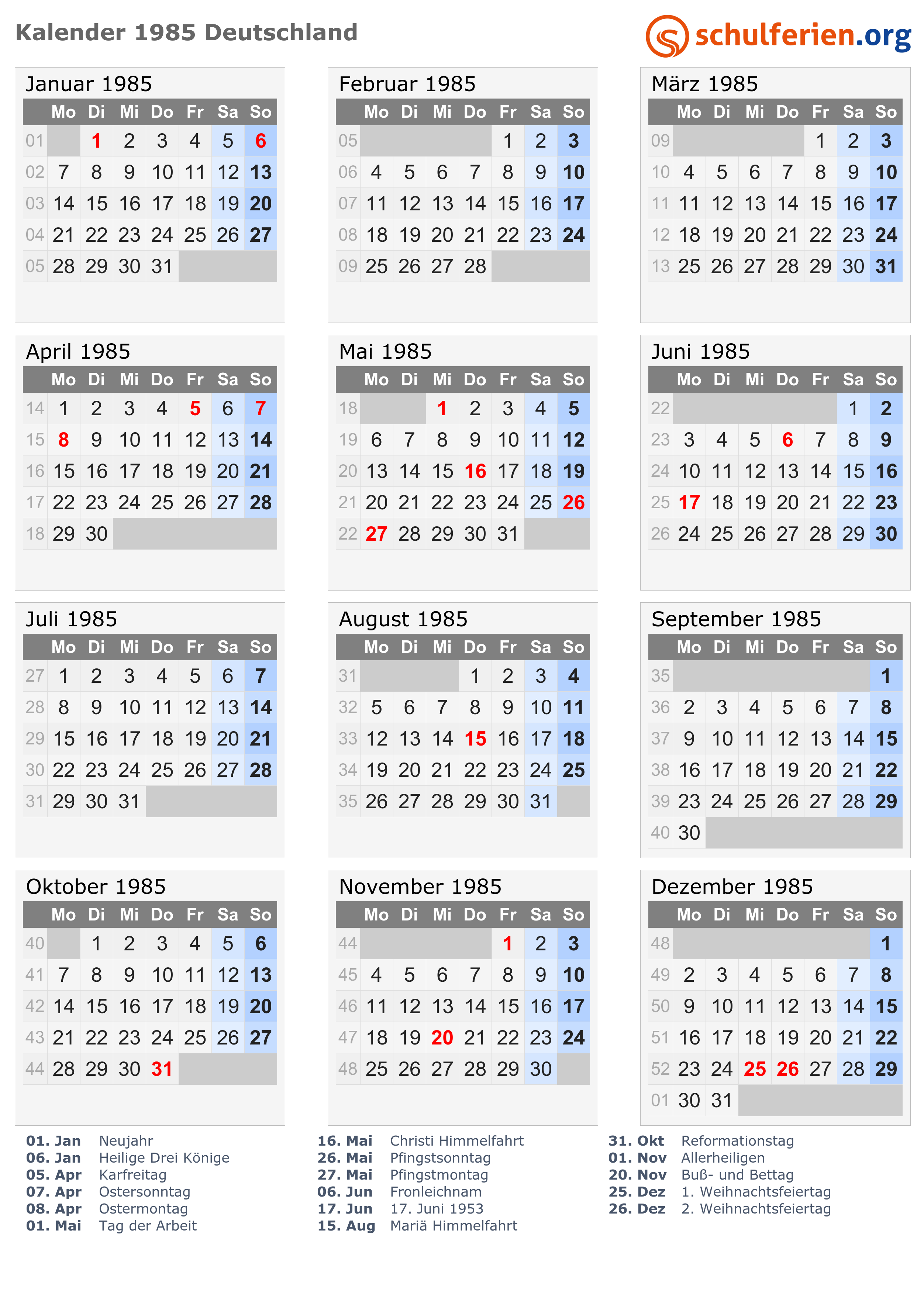  Kalender  1985