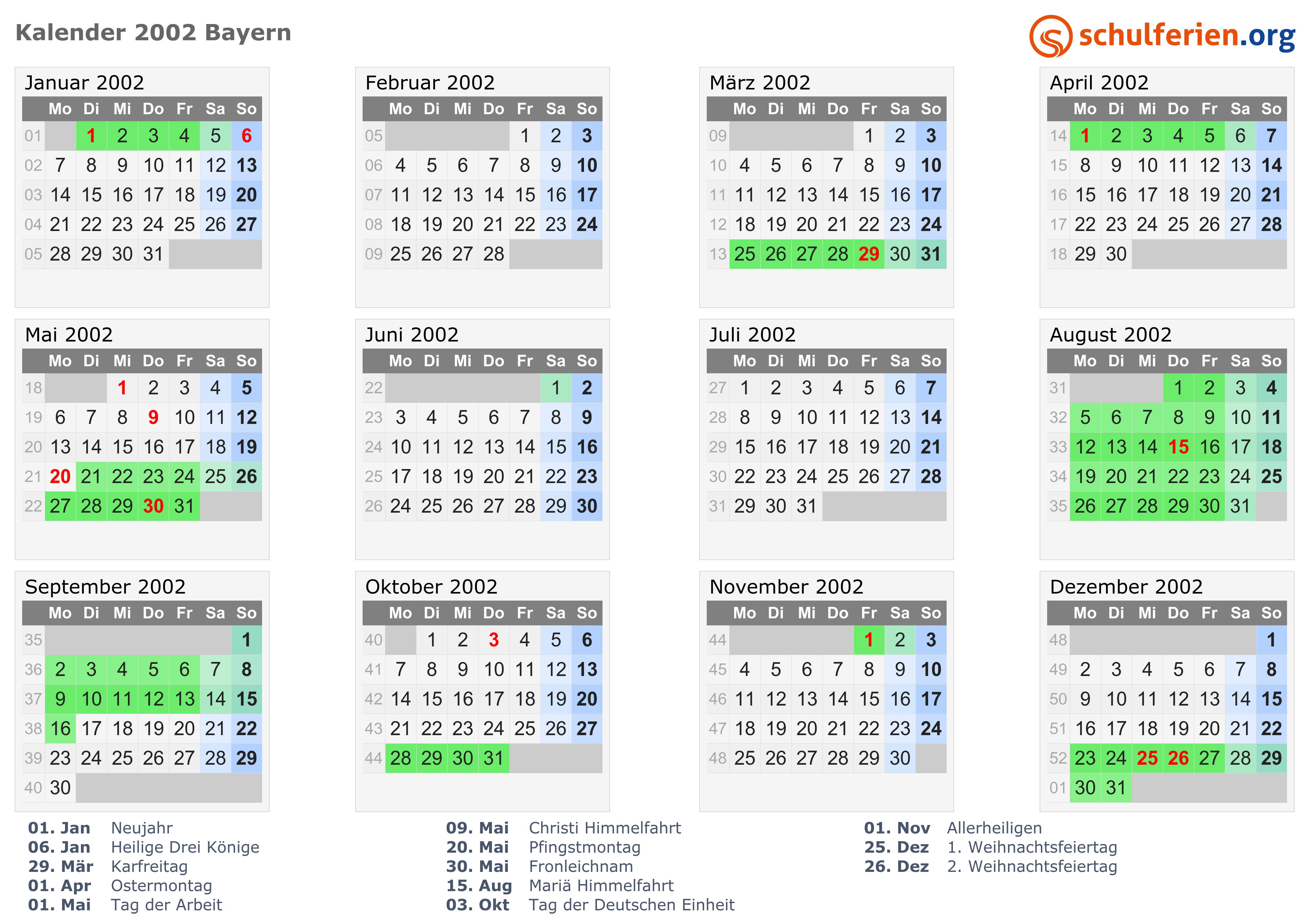  Kalender  2002  Ferien Bayern Feiertage