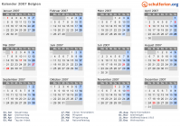Kalender 2007 mit Ferien und Feiertagen Belgien