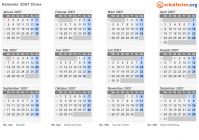 Kalender 2007 mit Ferien und Feiertagen China