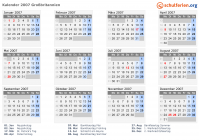 Kalender 2007 mit Ferien und Feiertagen Großbritannien