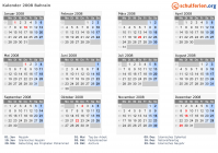 Kalender 2008 mit Ferien und Feiertagen Bahrain