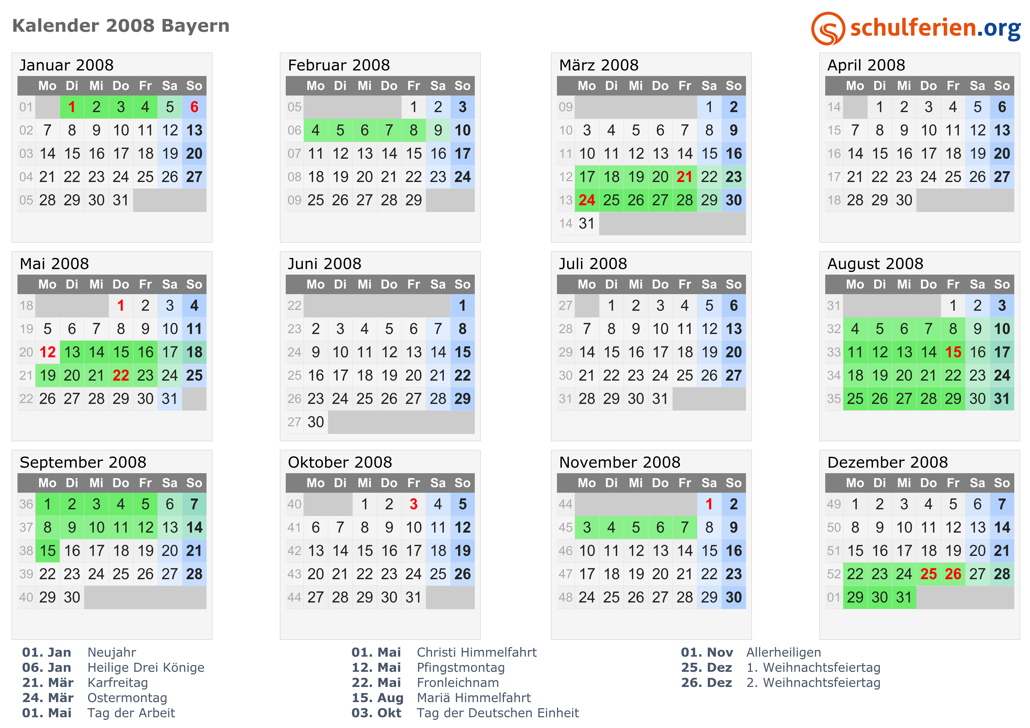  Kalender 2008  Ferien Bayern Feiertage