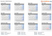 Kalender 2008 mit Ferien und Feiertagen Malawi