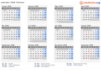 Kalender 2008 mit Ferien und Feiertagen Thailand