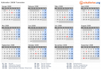 Kalender 2008 mit Ferien und Feiertagen Tunesien