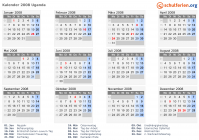 Kalender 2008 mit Ferien und Feiertagen Uganda