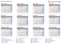 Kalender 2008 mit Ferien und Feiertagen USA