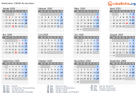Kalender 2009 mit Ferien und Feiertagen Armenien