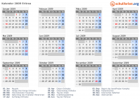 Kalender 2009 mit Ferien und Feiertagen Eritrea