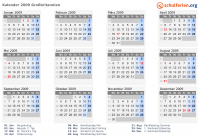 Kalender 2009 mit Ferien und Feiertagen Großbritannien
