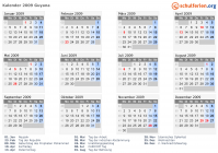 Kalender 2009 mit Ferien und Feiertagen Guyana