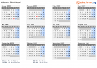 Kalender 2009 mit Ferien und Feiertagen Nepal