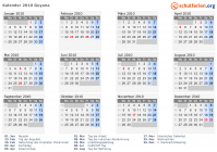 Kalender 2010 mit Ferien und Feiertagen Guyana