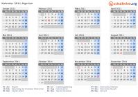 Kalender 2011 mit Ferien und Feiertagen Algerien