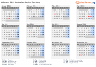 Kalender 2011 mit Ferien und Feiertagen Australisches Hauptstadtterritorium