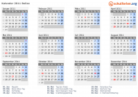 Kalender 2011 mit Ferien und Feiertagen Belize