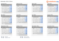 Kalender 2011 mit Ferien und Feiertagen China