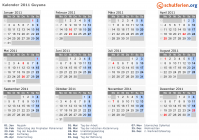 Kalender 2011 mit Ferien und Feiertagen Guyana