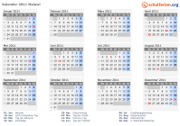 Kalender 2011 mit Ferien und Feiertagen Malawi