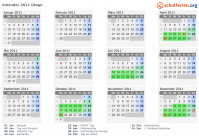 Kalender 2011 mit Ferien und Feiertagen Otago