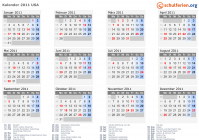 Kalender 2011 mit Ferien und Feiertagen USA