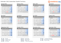 Kalender 2012 mit Ferien und Feiertagen Australisches Hauptstadtterritorium