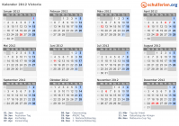 Kalender 2012 mit Ferien und Feiertagen Victoria