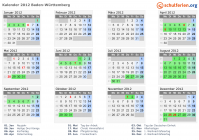 Kalender 2012 mit Ferien und Feiertagen Baden-Württemberg