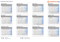Kalender 2012 mit Ferien und Feiertagen China