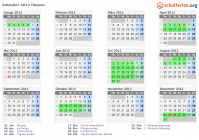 Kalender 2012 mit Ferien und Feiertagen Hessen
