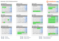 Kalender 2012 mit Ferien und Feiertagen Niedersachsen