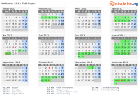 Kalender 2012 mit Ferien und Feiertagen Thüringen
