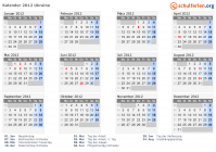 Kalender 2012 mit Ferien und Feiertagen Ukraine