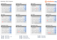 Kalender 2012 mit Ferien und Feiertagen Ungarn