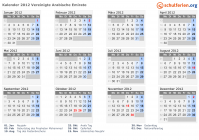Kalender 2012 mit Ferien und Feiertagen Vereinigte Arabische Emirate