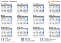 Kalender 2013 mit Ferien und Feiertagen Kambodscha